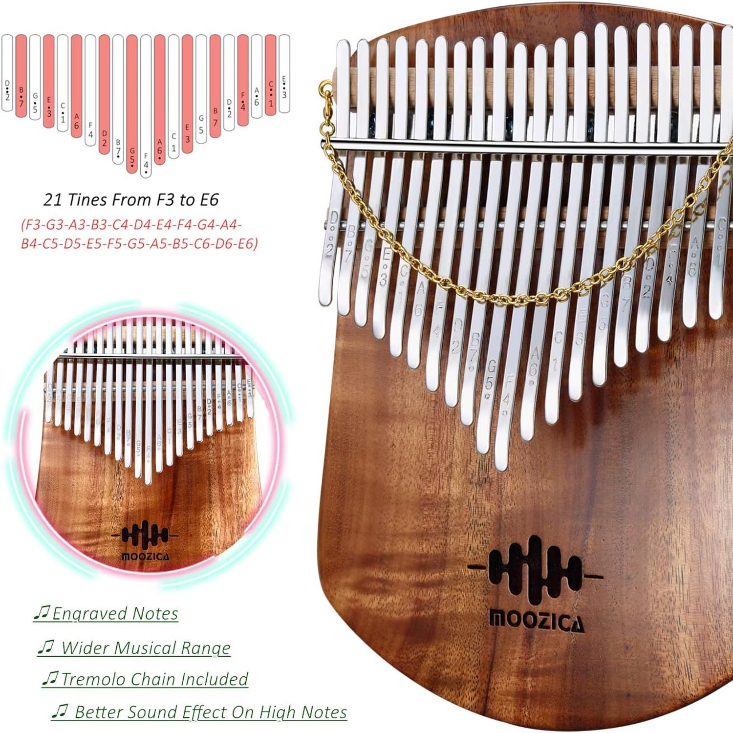 Moozica 21-Key Solid Koa Kalimba Thumb Piano