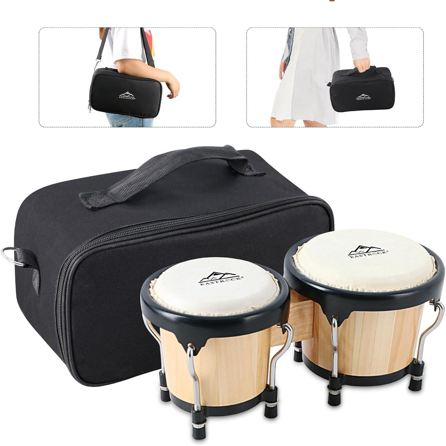 EASTROCK 4 and 5 Inch Tunable Wood Bongo Drum Set with Carry Bag