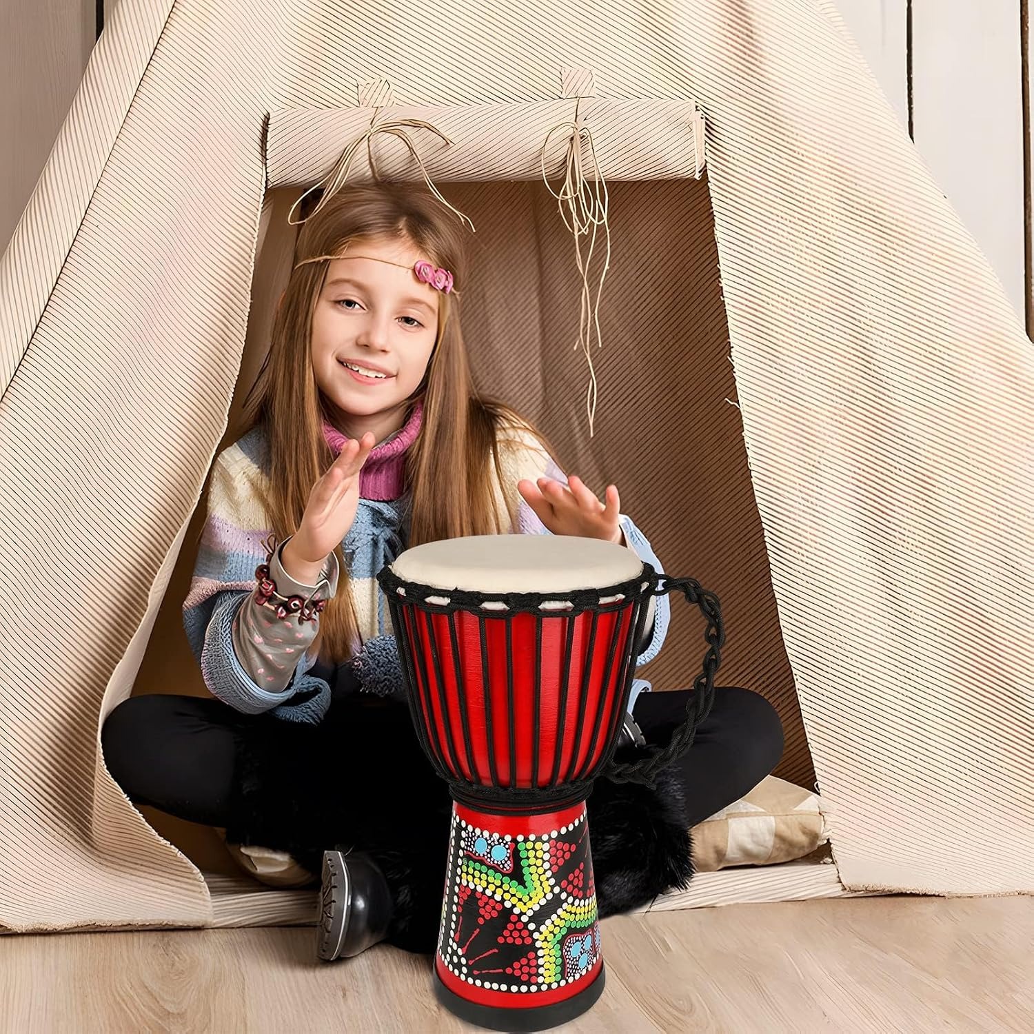 Hand-Painted Mahogany Djembe Drum with Goatskin Head: image 5