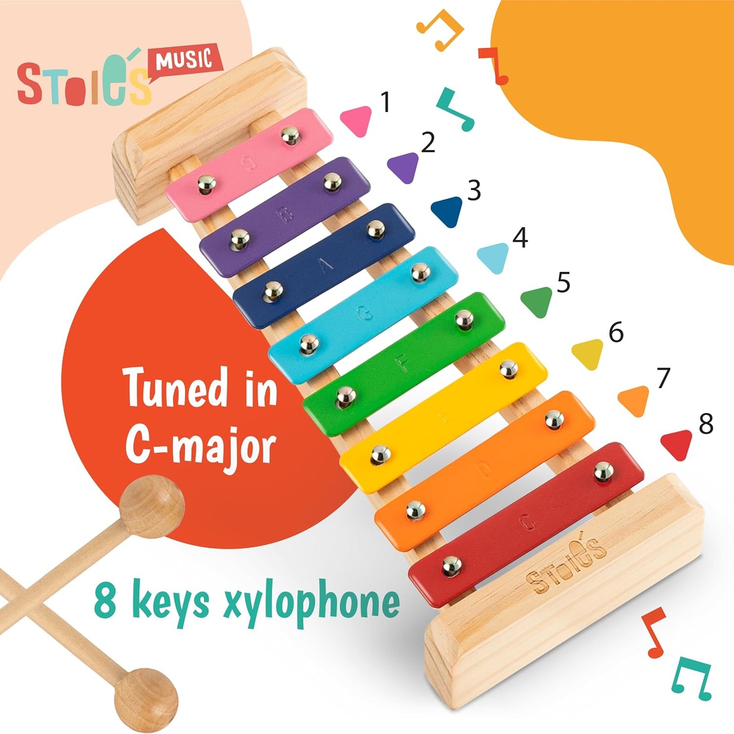 Stoie's 8-Note Rainbow Wooden Kids Xylophone with Mallets